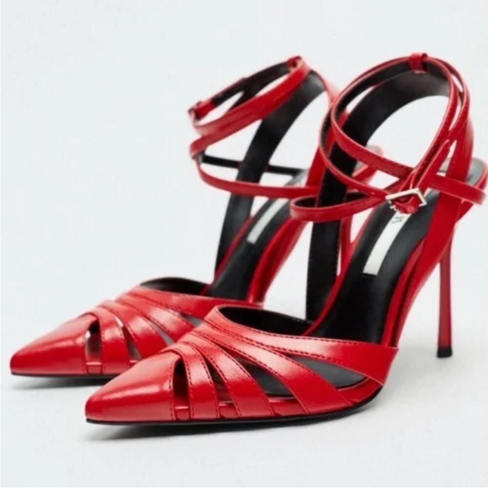 Zara Red Faux Leather Caged Pointed Toe Ankle Strap Heels Size 39=8 NWT